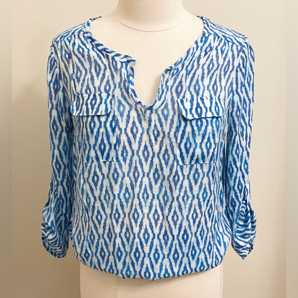 AB Studio Blue White Geometric Coastal Pockets Roll Tab Sleeves Blouson Top SZ M